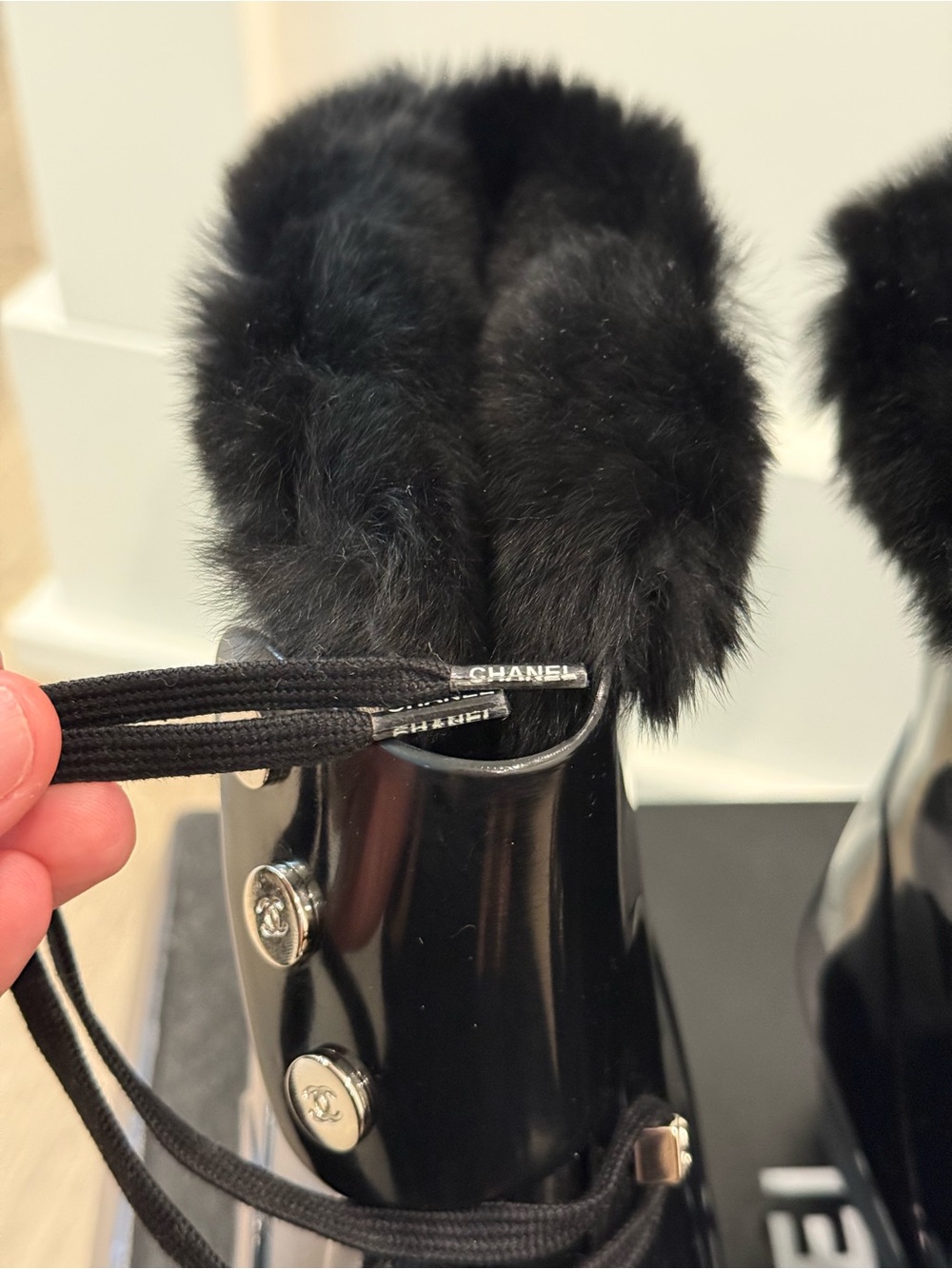 AUTHENTIC Chanel 2008 Black Patent Leather Ankle Boots Rabbit Fur Trim NIB 8.5 - Picture 7 of 12